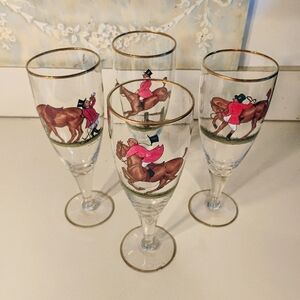 4 Fox-Hunter Pilsner Glasses Hand-Painted Frank Vosmansky Abercrombie & Fitch